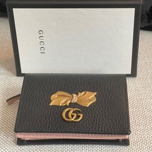 Authentic GUCCI Calfskin GG Marmont Bow Black Card Case Wallet